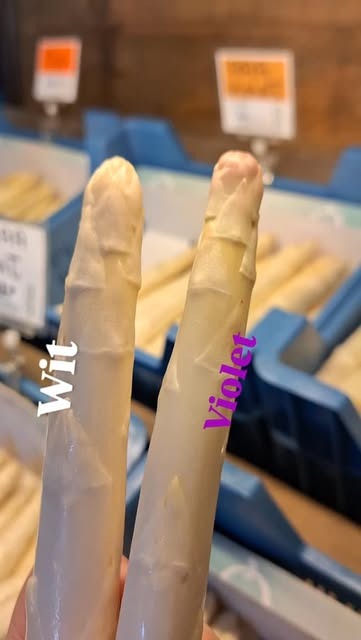 Asperges wit en violet in de kratten